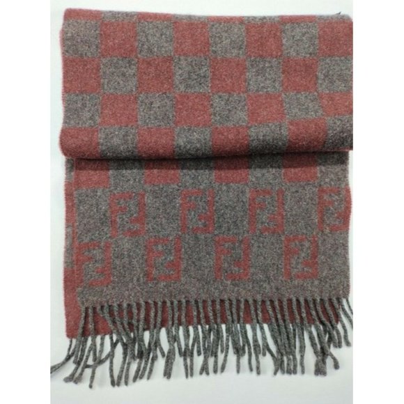 Fendi Red Grey Zucca Print Logo Fringe Wool Scarf - Picture 2 of 4